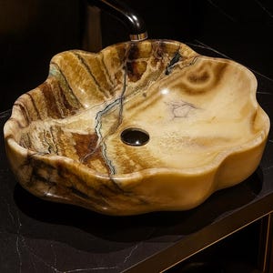 Onyx Stone Vessel Sink – Abstract Handmade Basin 20.5&quot; x 15&quot; – Polished Luxury Bathroom Vanity Bowl from Mexico