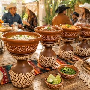 May include: A table setting featuring several decorative brown ceramic bowls filled with food. The bowls are supported by ornate pedestals with a floral design. Additional bowls contain limes and herbs. A colorful table runner and plates are also visible.