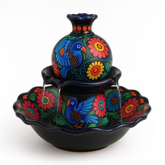 Hand-Painted Mexican Ceramic Water Fountain | Vibrant Talavera Home Decor | Functional Art for Living Room, Meditation or Entry Table black