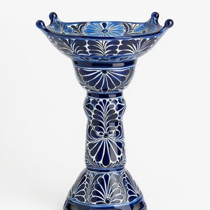 Hand-Painted Blue Ceramic Bird Bath Fountain – Elegant Garden Bird Feeder, Luxury Outdoor Decor, Artisan Home Garden Accent 28in