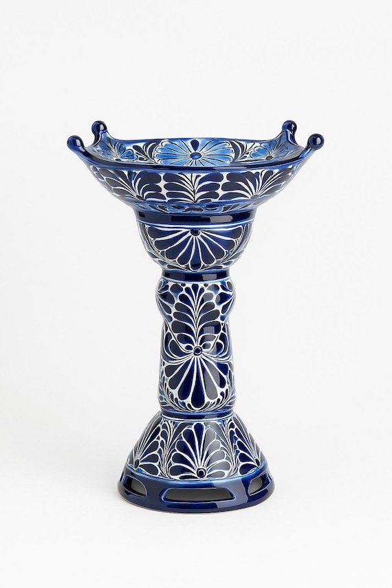 Hand-Painted Blue Ceramic Bird Bath Fountain – Elegant Garden Bird Feeder, Luxury Outdoor Decor, Artisan Home Garden Accent 28in
