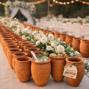 Może przedstawiać: Ustawienie stołu z licznymi glinianymi kubkami z terakoty, niektóre wypełnione napojami i kawałkami limonki. Białe kwiaty i zieleń zdobią stół. Do jednego z kubków przymocowana jest etykieta z napisem "Handmade in MEXICO". Scena sugeruje uroczyste wydarzenie na świeżym powietrzu.