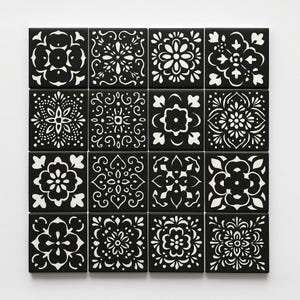 Black and White Patterned Ceramic Tile | Artisan Backsplash Tile | Decorative Spanish Style Wall Tile | Kitchen & Bathroom Accent