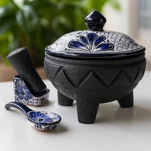 Mexican Volcanic Stone Molcajete with Talavera Lid & Spoon – Handmade Salsa Bowl, Guacamole Mortar Gift Set