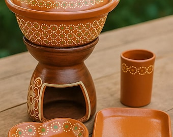 Mexican Clay Anafre Set – 8&#39;&#39; Cazuela with Heart & Square Plates, Cup – Buffet Food Warmer for Wedding or Events