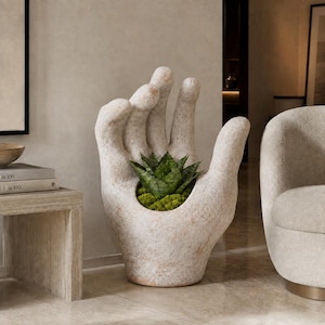 Oversized Hand Planter, Handmade Mexican Terracotta Sculptural Floor Pot, 31.5 in