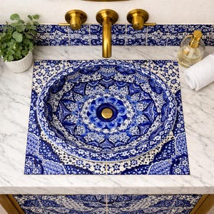 21" Talavera Vessel Sink & Matching Tile Set – Hand Painted Mexican Bathroom Sink with 4 Border Tiles