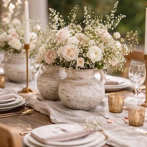May include: A beautifully set table with white plates, gold cutlery, and two rustic vases filled with white and blush roses and baby's breath. Gold candle holders and votives add to the elegant ambiance. A linen table runner completes the look.