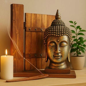 May include: A serene scene featuring a golden Buddha head statue with closed eyes, a burning candle, and an incense stick emitting smoke. A wooden decorative piece is behind the statue. A small potted plant is also visible.
