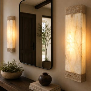 2 Handmade White Onyx Wall Sconce, Large 20” Natural Stone Light, Rectangular Modern Wall Lamp, Luxury Bathroom & Bedroom Lighting