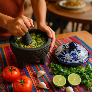 Mexican Volcanic Stone Molcajete with Talavera Lid & Spoon – Handmade Salsa Bowl, Guacamole Mortar Gift Set