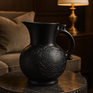 May include: A black ceramic jug with a rounded body and a handle. The jug features an embossed floral design on the front. The jug has a spout for pouring and sits on a small base. The background is blurred, suggesting an interior setting.