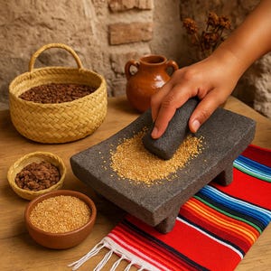 Vulkanische steen Metate – Handgemaakte Mexicaanse zaadmolen voor sesam, cacao, kruiden en traditioneel koken