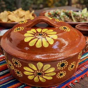 Mexican Clay Casserole with Lid | Hand Painted Terracotta Casserole | Traditional Mexican Cookware | Rustic Outdoor Table Decor | Handmade