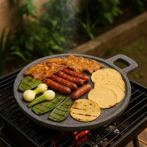 May include: A circular, grey stone griddle laden with grilled meats, sausages, tortillas, and vegetables. The griddle rests on a black barbecue grill with glowing embers, suggesting outdoor cooking. The food is arranged for serving.