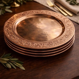 Könnte beinhalten: Ein Stapel von vier kupferfarbenen Platztellern mit verzierten, geprägten Rändern. Die Teller stehen auf einem dunklen Holztisch, im Hintergrund eine Kerze, Grünzeug und goldfarbenes Besteck. Die Teller haben einen Durchmesser von etwa 30 cm.