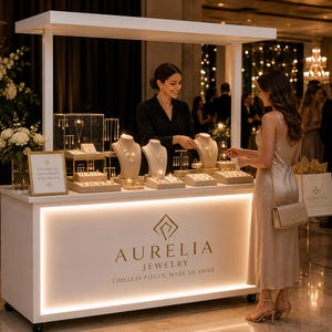 Może przedstawiać: Białe mobilne stoisko wystawowe z podświetlanym przednim panelem z logo i napisem Aurelia Jewelry. Na ladzie znajduje się wiele beżowych popiersi na naszyjniki oraz stojaki prezentujące złote naszyjniki, kolczyki i pierścionki przeznaczone na sprzedaż.