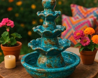 Handmade mexican clay tower fountain - handmade fountain, ceramic water fountain, indoor water feature, mexican decor, boho garden fountain