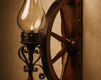 Wagon Wheel Wall Sconce – Wood & Wrought Iron Handblown Glass Lantern, Farmhouse Entryway Patio Lighting