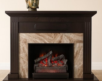 Handcrafted Decorative Fireplace Mantel – Faux Fire Log Display | Rustic Wood Console for Cozy Living Room | No-Heat Fireplace | Fall & Wint