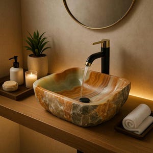 Luxury Hand-Carved Stone Bathroom Sink One Marble Stone Bathroom Sink Vintage Style Drop-In Bathroom for High-End Bathrooms 20x14.5in