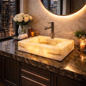 May include: A rectangular, illuminated onyx sink with a brushed nickel faucet sits on a dark marble countertop. The bathroom features a dark wood vanity, a round mirror, and a cityscape view. White roses in a glass vase and candles add to the ambiance.