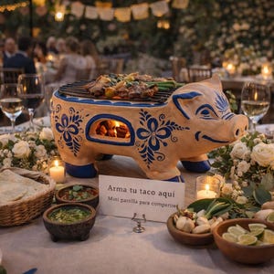 Mexican Pig Tabletop Grill, Handmade Clay Mini Charcoal BBQ, Talavera Style Centerpiece for Weddings, 17 Inch Buffet and Banquet Anafre