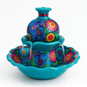 K&ouml;nnte beinhalten: Ein lebendiger, handbemalter Keramikbrunnen. Der Brunnen hat einen t&uuml;rkisfarbenen Sockel und eine Schale, mit einem zentralen, kugelf&ouml;rmigen Element und einer Spitze. Das Design umfasst bunte Blumen und V&ouml;gel, wobei Wasser von oben flie&szlig;t.