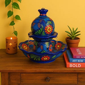 Pode incluir: Fonte de cerâmica azul com desenhos florais em laranja, amarelo e verde. A fonte tem um design em camadas com água fluindo de cima. Está sobre uma mesa de madeira com uma vela e livros.