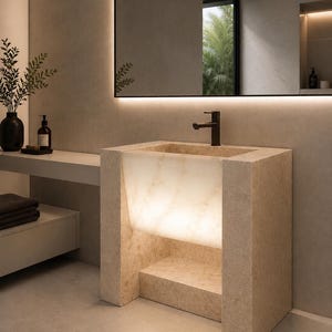 May include: A rectangular stone bathroom vanity featuring a translucent, backlit onyx basin integrated into a solid beige stone frame. The unit includes a dark metal faucet mounted on the top surface, with a smooth, matte finish on the surrounding stone structure.