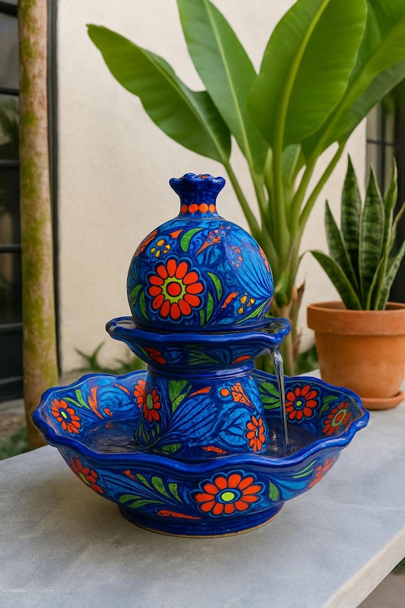 Hand-Painted Mexican Ceramic Water Fountain | Mexican Talavera Tabletop Water Fountain – Hand-Painted Ceramic Indoor Fountain – Colorful Mex