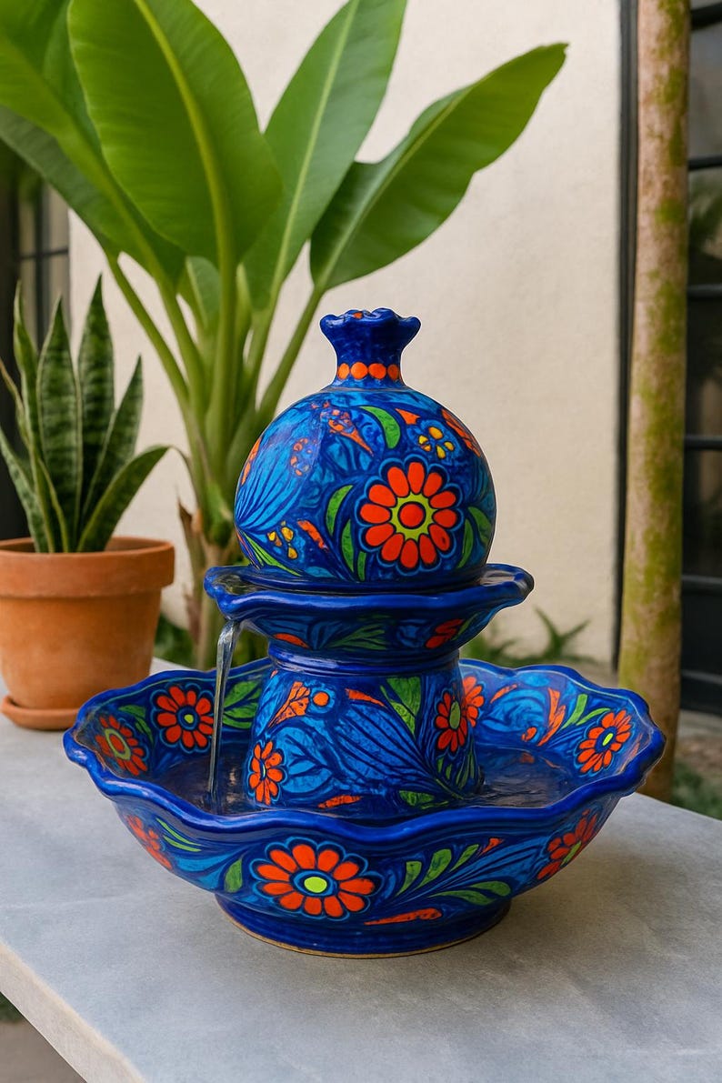 K&ouml;nnte beinhalten: Blauer Keramikbrunnen mit floralem Design. Der Brunnen hat einen runden Aufsatz und eine gewellte Schale, verziert mit orangefarbenen Blumen und gr&uuml;nen Bl&auml;ttern. Wasser flie&szlig;t von oben und schafft ein dekoratives Element f&uuml;r den Au&szlig;enbereich.