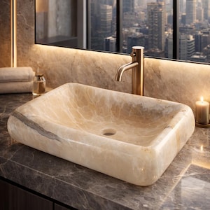 White Onyx Rectangular Vessel Sink 15.7 x 11.8 x 4.7 inches | Natural Stone Bathroom Sink | Luxury Modern Vanity Sink | Handmade Onyx Basin