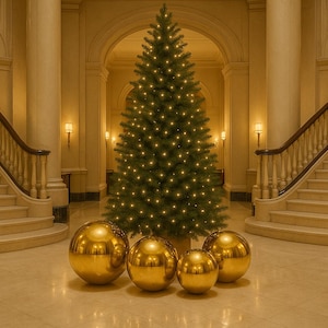 Puede incluir: Un gran salón con un árbol de Navidad adornado con luces, flanqueado por dos escaleras con barandillas ornamentadas. Cuatro grandes adornos esféricos dorados están dispuestos frente al árbol, creando un ambiente festivo.