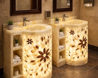 Handmade Honey Onyx Pedestal Sink – Solid Natural Stone Freestanding Bathroom Basin | Illuminated Onyx Vanity Sink – Backlit onyx Bathroom
