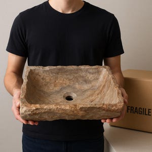 May include: A rectangular, natural stone sink with a rough, textured exterior. The sink has a central drain hole and is held by a person. The color is a mix of tan, brown, and gray.