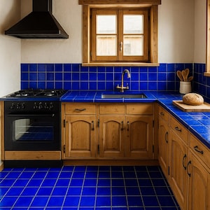 Op de afbeelding: Een keuken met blauwe betegelde aanrechtbladen en vloeren, en houten kasten. Een zwart fornuis en afzuigkap zijn zichtbaar. Een raam met houten frame bevindt zich boven de gootsteen. Een brood ligt op een snijplank.