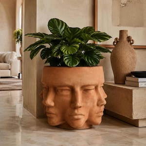 Large Mexican Terracotta Face Planter, 16” Handmade Multi Face Clay Pot, Sculptural Planter, Rustic Mexican Home & Garden Decor