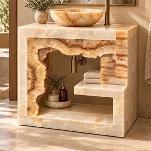 May include: A bathroom vanity crafted from light-colored, translucent stone with natural veining. It features a bowl-shaped vessel sink, a tall brass faucet, an open storage shelf, and a rough-hewn, organic edge detail on the front frame.