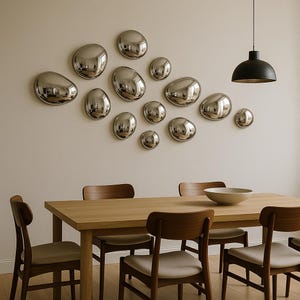 Modern Chrome Pebble Wall Art– Handcrafted Mirror Effect Spheres, Modern Home Decor, Modern Metallic Pebble Décor for Dining Room, Entryway