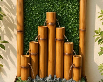 Puede incluir: Fuente de bambú con agua cayendo por múltiples tallos de bambú. La fuente presenta un marco marrón oscuro y un fondo verde. El agua fluye hacia una base marrón oscuro con pequeñas rocas y vegetación. Decoración.