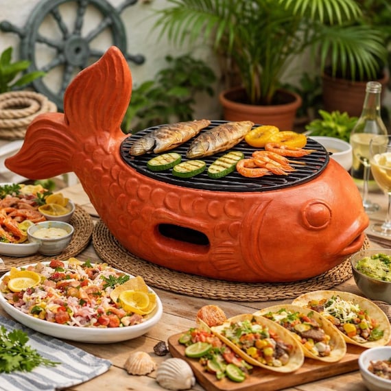 Mexikanischer Terrakotta-Tischgrill in Fischform – Holzkohlegrill für Fisch & Meeresfrüchte, ideal für Balkon, Garten Osterbrunch