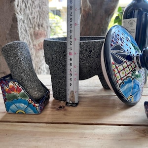 Decorative Volcanic Stone Molcajete with Lid - Talavera Design & Accessories Included orange color