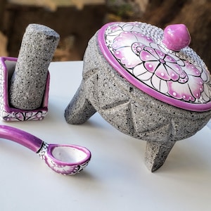 8-Inch Decorative Volcanic Stone Molcajete with Lid - Talavera Design & Accessories Included color lila