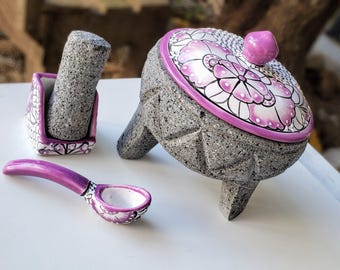 8-Inch Decorative Volcanic Stone Molcajete with Lid - Talavera Design & Accessories Included color lila