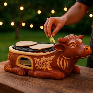 Puede incluir: Una parrilla de cerámica marrón con forma de vaca con un diseño floral decorativo. La parrilla tiene una rejilla para cocinar con tortillas y una persona está agregando una rodaja de aguacate. La parrilla está sobre una mesa de madera.