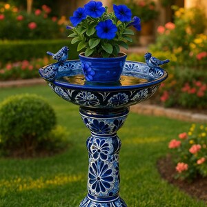 Hand-Painted Blue Ceramic Bird Bath Fountain – Elegant Garden Bird Feeder, Luxury Outdoor Decor, Artisan Home Garden Accent 28in imagem 2