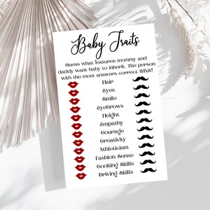 Baby Traits Divertido juego minimalista de baby shower, características modernas de mamá y papá neutrales en cuanto a género, impreso en cartulina, se puede personalizar