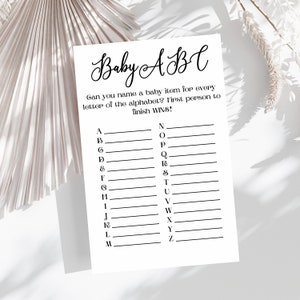 Baby ABC leuk minimalistisch babyshowerspel, modern genderneutraal A tot Z alfabet babyitem race, gedrukt op karton, kan op maat worden gemaakt