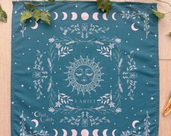 Celestial Tarot Cloth with Sun and Moon – Tarot Reading Cloth, Teal Altar Cloth, Tarot Wrap Mat, Divination Cloth